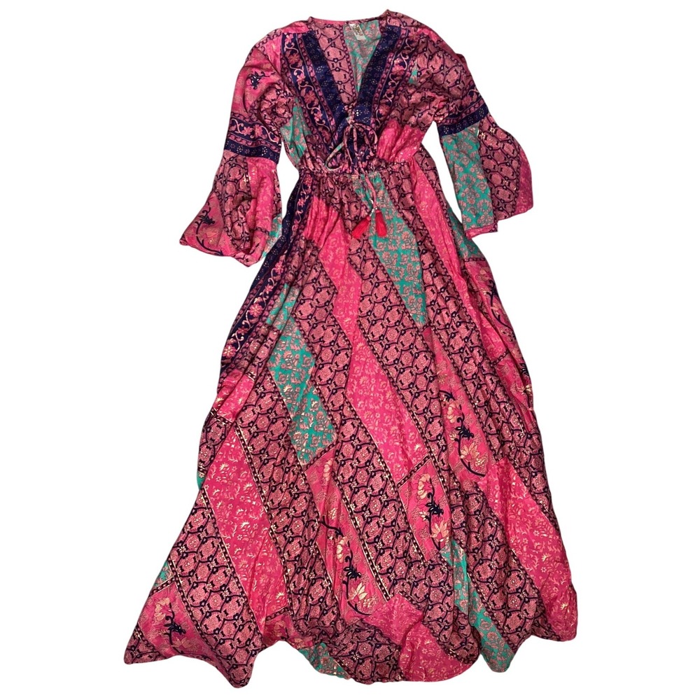 India Boutique Maxi Dress Womens Large Pink Good Boho Patchwork Bell Sleeve L - Picture 3 of 9